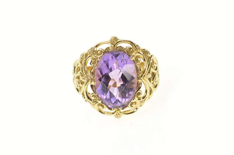 14K Yellow Gold Oval Faceted Amethyst Scrollwork Cocktail Ring