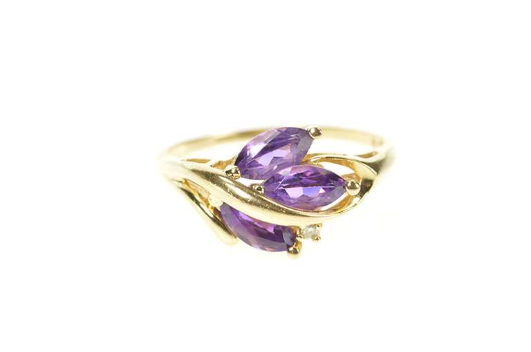 14K Yellow Gold Marquise Amethyst Diamond Accent Leaf Motif Ring