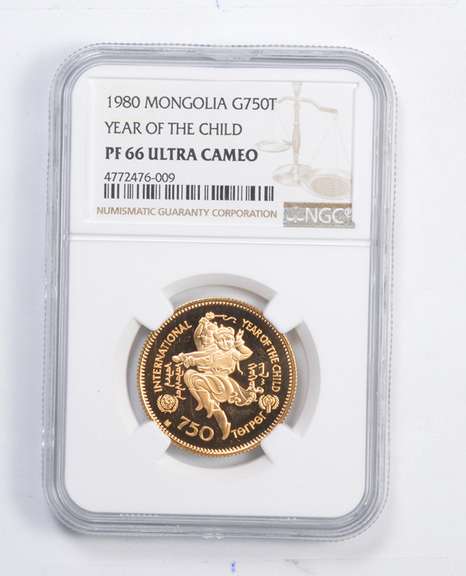 PF66 UCAM 1980 Mongolia 750 Tugrik Gold Coin - Year Of The Child - NGC