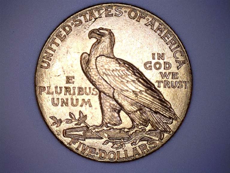 1909 D Near Unc US Indian $ 5 Gold Half Eagle