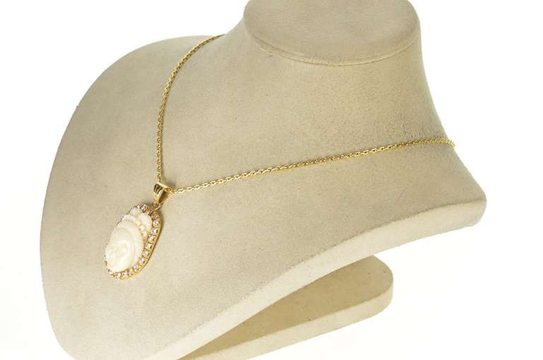 14K Yellow Gold Carved White Agate Geisha Halo Statement Pendant
