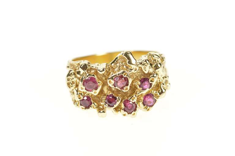 14K Yellow Gold Retro Ruby Inset Raw Textured Cluster Statement Ring