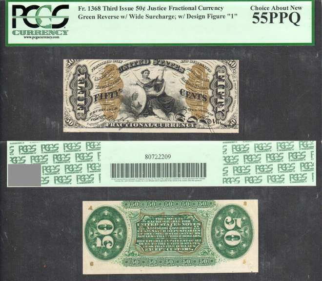 50 Cent Fractional=3rd Issue=Justice=Fr. 1368=Green Rev PCGS CH Abt New 55PPQ