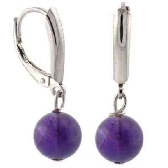 Sterling Silver Cabachon Amethyst Bead Leverback Earrings