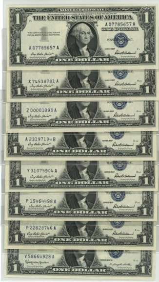 8 Superb Gem CU Series of 1957 $1 Silver Certificates
