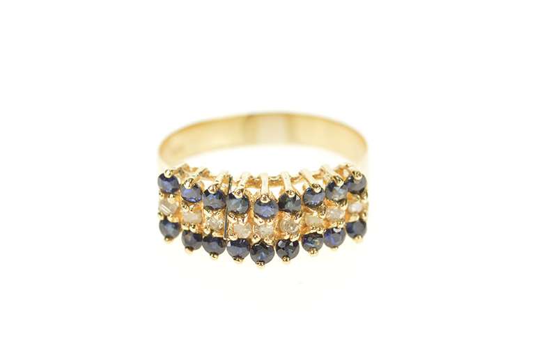 14K Yellow Gold Tiered Sapphire Diamond Squared Band Ring