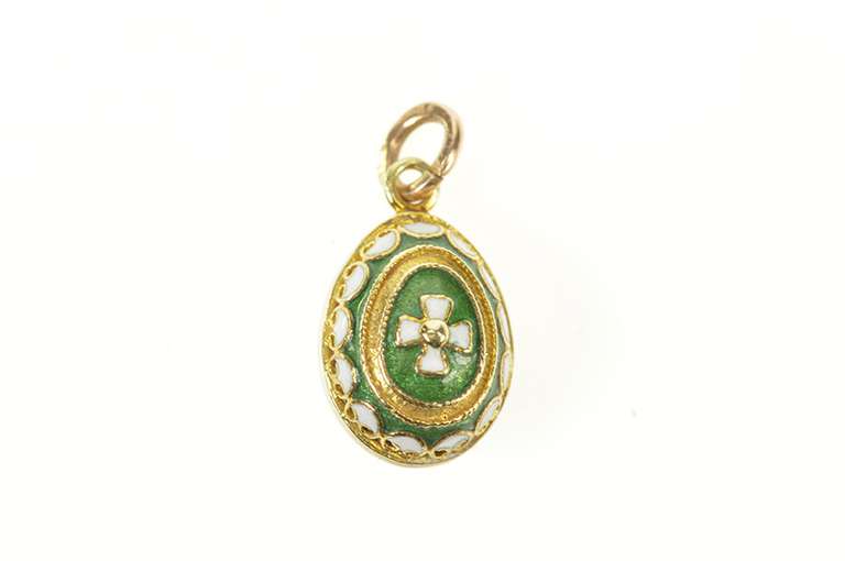 18K Yellow Gold Green & White Enamel Russian Faberge Egg Charm/Pendant