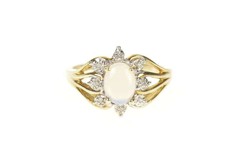 10K Yellow Gold Opal Ornate Diamond Halo Statement Cocktail Ring