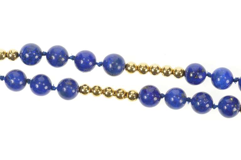 14K Yellow Gold Retro Lapis Lazuli Round Beaded Statement Necklace