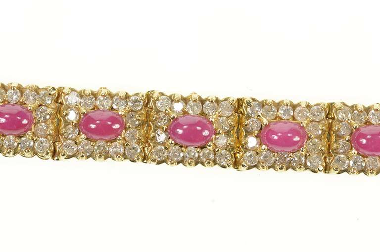 14K Yellow Gold 13.80 Ctw Ruby Cabochon Diamond Halo Tennis Bracelet