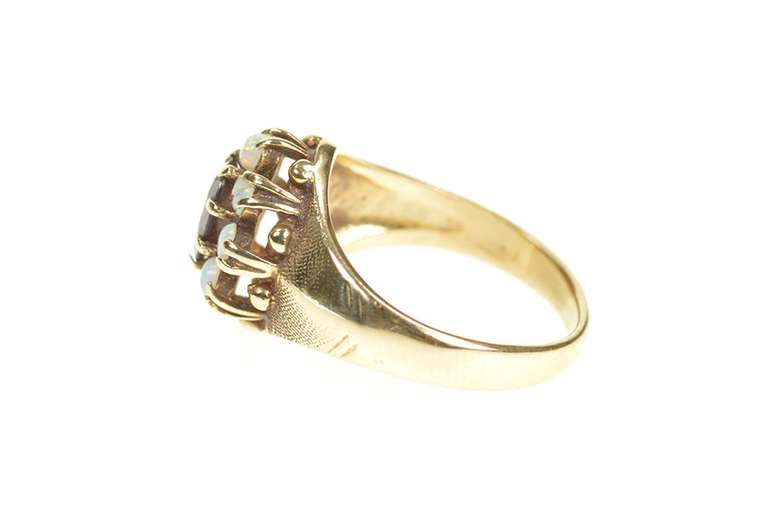 10K Yellow Gold Retro Oval Garnet Opal Halo Statement Ring