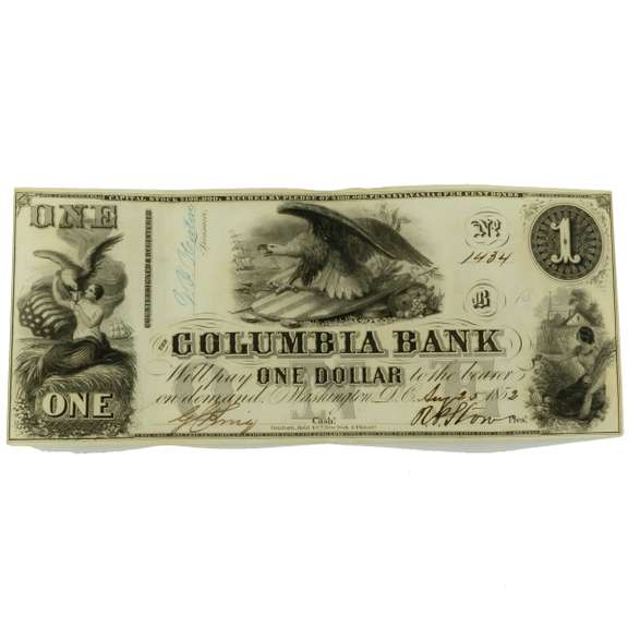 Sharp August 25 1852 $1 Columbia Bank OF Wash DC Note