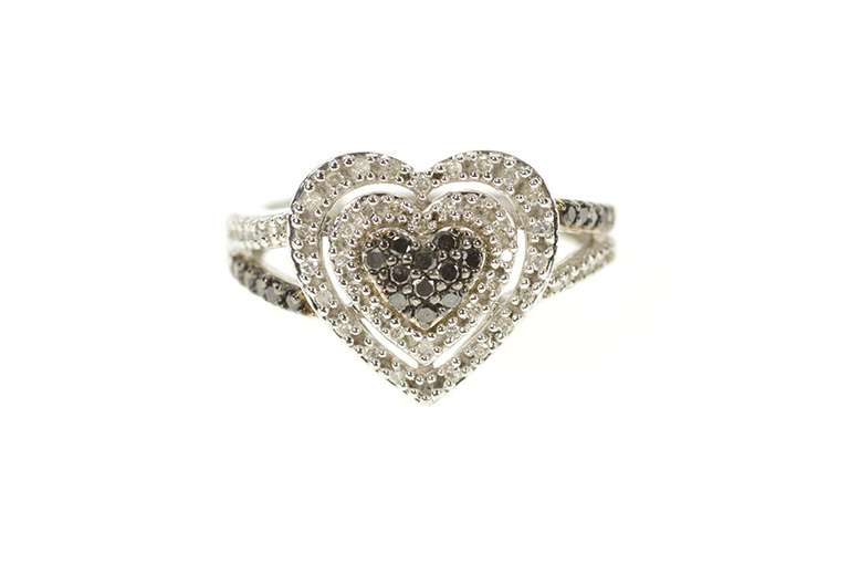 10K White Gold Pave Black & White Diamond Encrusted Heart Ring