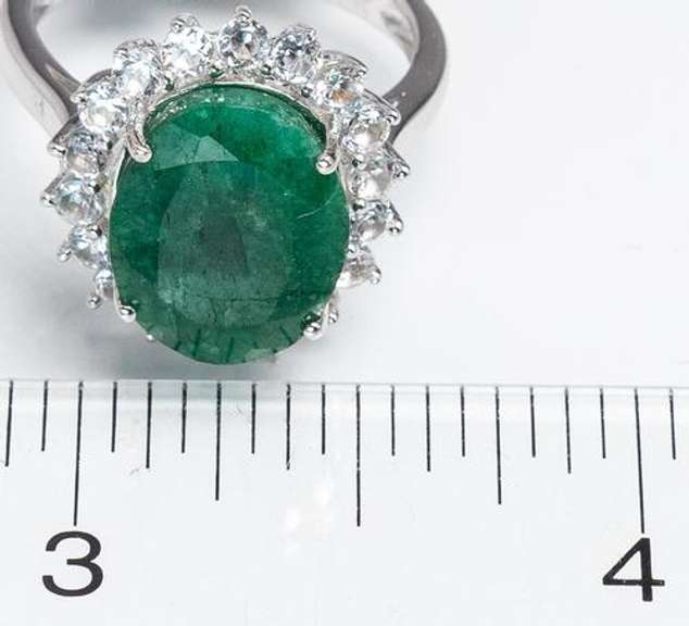 Gorgeous Diamond-Cut Natural Emerald & White Topaz Ring in Sterling
