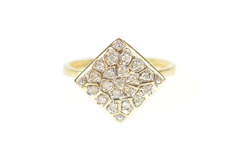 10K Yellow Gold Retro Diamond Pave Square Cluster Statement Ring