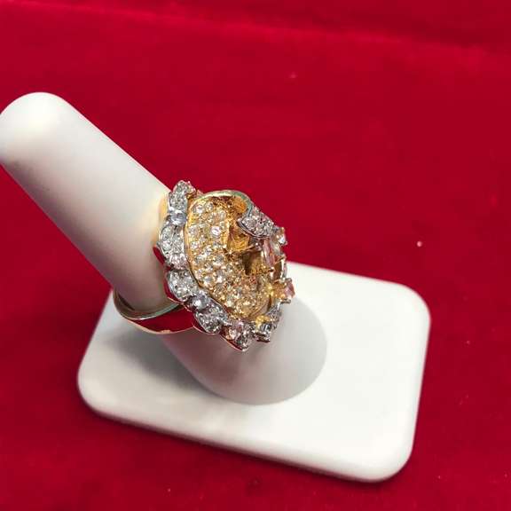 LADIES 18K GOLD DIAMOND WITH BLUE TOPAZ AND PINK TOURMANLINE RING