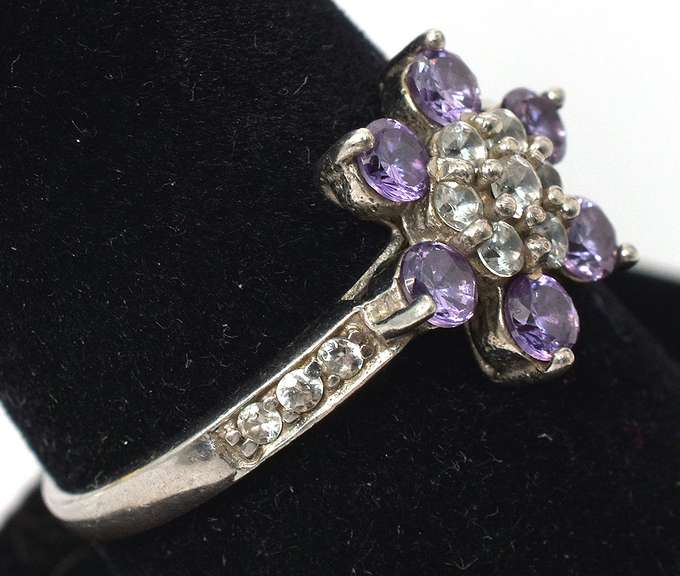 Sterling Silver Flower Ring With Purple and White Stones.