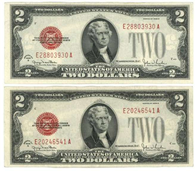 2 Crisp 1928-G $2 Red Seal Notes in AU and CU