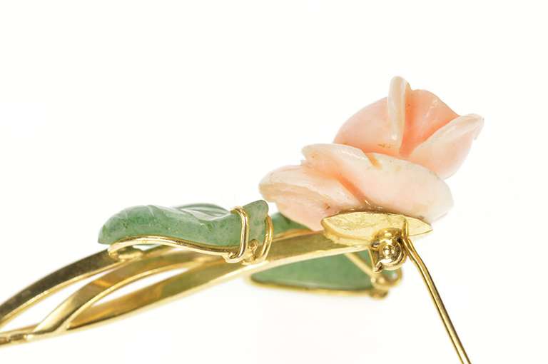 18K Yellow Gold Ornate Carved Coral Jade Leaf 3D Flower Pendant