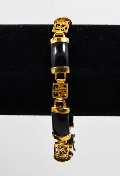 Gold Over Sterling Black Jade Bracelet With Chinese Symbols