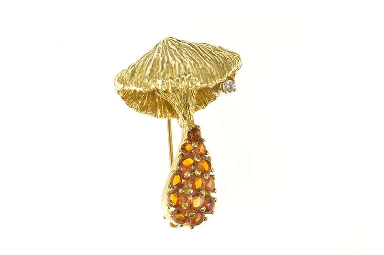 10K Yellow Gold Pave Citrine 1960's 3D Mushroom Statement Pin/Brooch