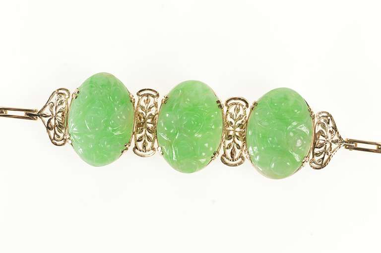 10K Yellow Gold Ornate Carved Oval Floral Jade Statement Bracelet