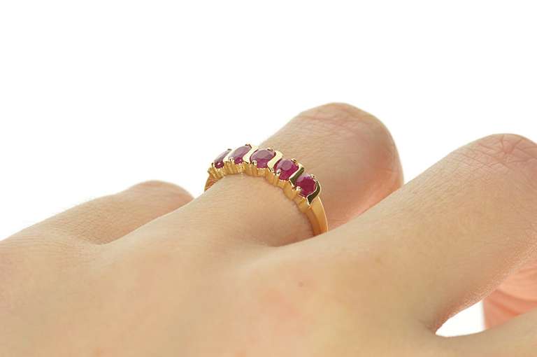 10K Yellow Gold Oval Natural Ruby Wavy Five Stone Band Ring