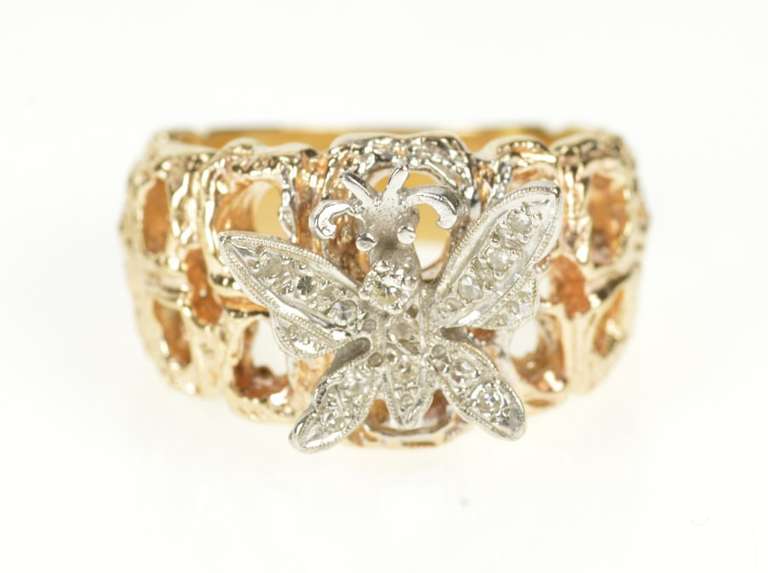 14K Yellow Gold Two Tone Pave Butterfly Textured Nugget Band Ring