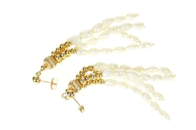 14K Yellow Gold Retro Pearl Fringe Dangle Ornate Statement Earrings