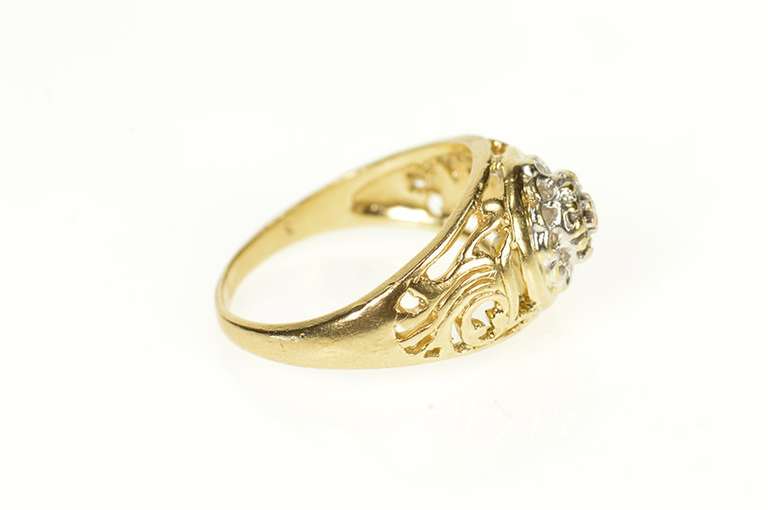 10K Yellow Gold Round Diamond Scroll Filigree Statement Ring