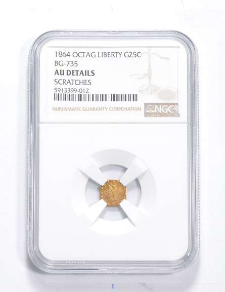 AU Details 1864 Liberty 25 Cents Octagonal Gold Coin - Scratches - NGC