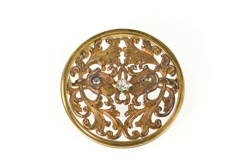 14K Yellow Gold 1940's Diamond Inset Scrollwork Round Pin/Brooch