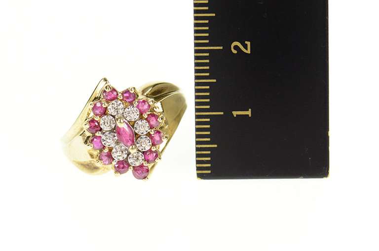 10K Yellow Gold Marquise Ruby Diamond Halo Cluster Cocktail Ring