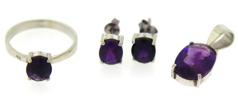 Sterling Silver Set of Amethyst Ring, Earrings and Pendant