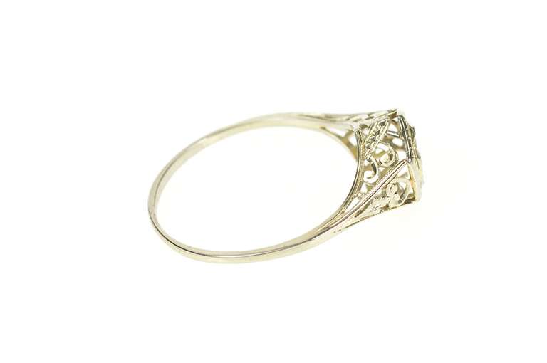 18K White Gold Art Deco Etched Filigree Engagement Setting Ring