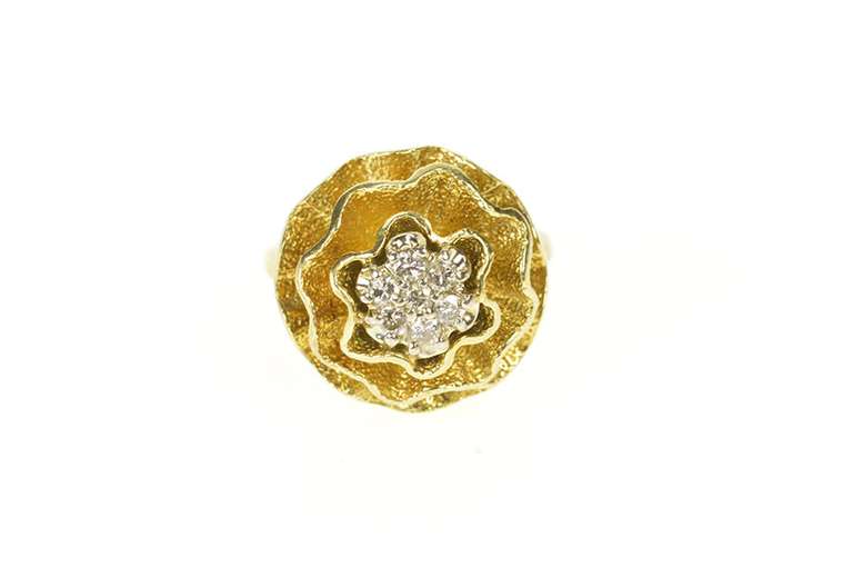 14K Yellow Gold 1950's Diamond Cluster Frilly Round Cocktail Ring