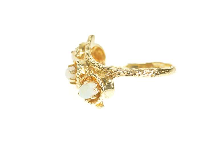 14K Yellow Gold Retro Natural Opal Ornate Bypass Statement Ring