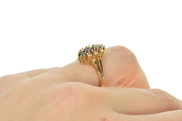 10K Yellow Gold Sapphire Diamond Halo Cluster Ornate Statement Ring