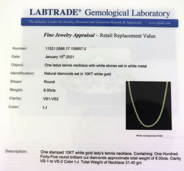 Impressive White Gold 8cts Diamond Tennis Necklace