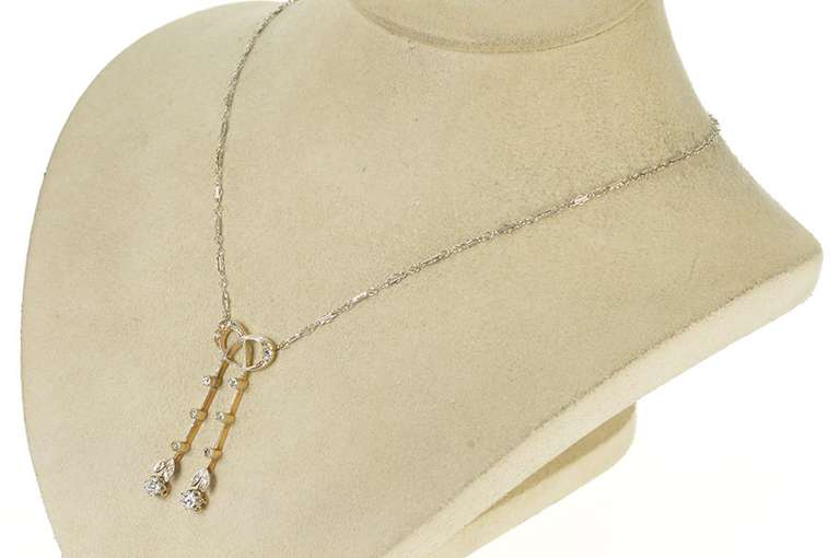 14K Yellow Gold 0.74 Ctw Edwardian Diamond Bow Drop Chain Necklace