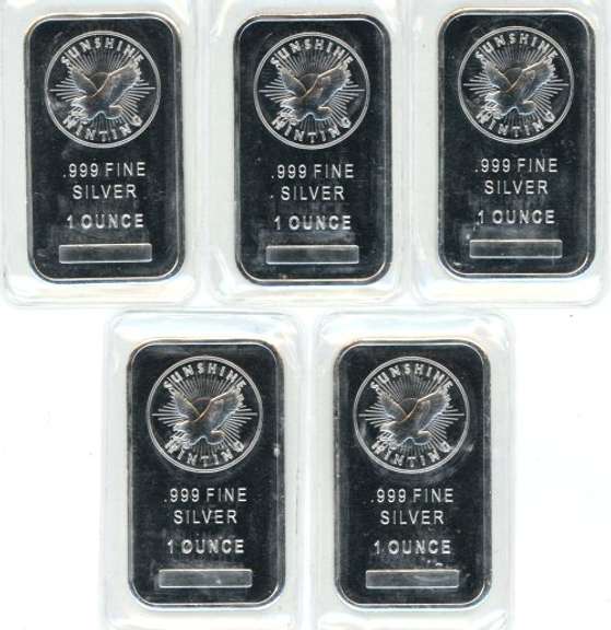 5 Sealed Sunshine Mint 1 Troy Oz. pure .999 Silver Bars