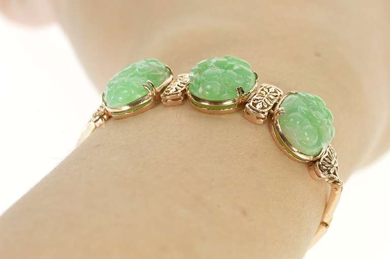10K Yellow Gold Ornate Carved Oval Floral Jade Statement Bracelet