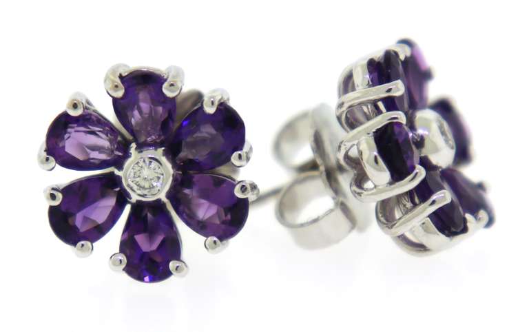 Terrific Amethyst & Diamond Flower Earrings in 18K