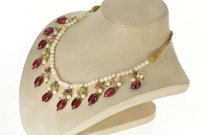 14K Yellow Gold Victorian Ruby Pearl Tourmaline Fringe Woven Necklace