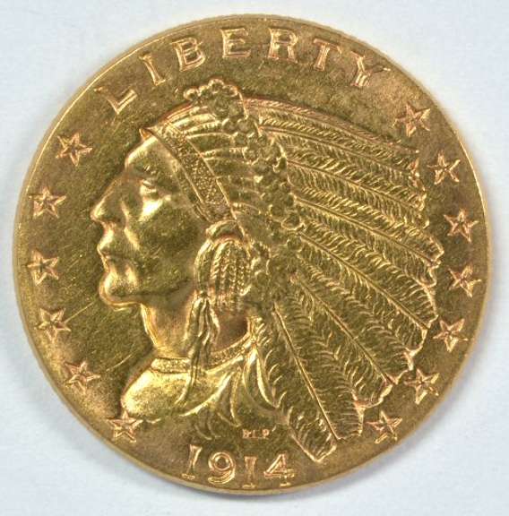 Scarce key date 1914-P US $2.50 Indian Gold Piece. Nice