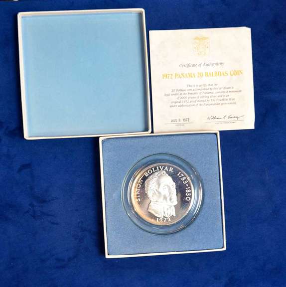 1972 Republic Of Panama 20 Balboas Proof Coin . With Box and COA 4.166 Troy  OZ  of Sterling Silver
