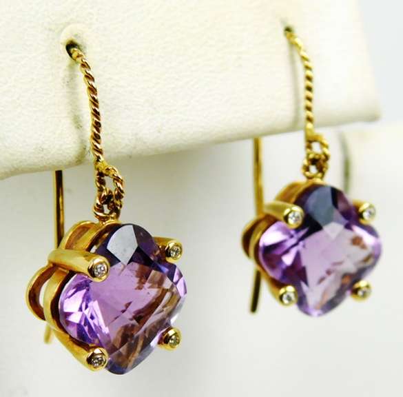 High End 18K Large Amethyst & Diamond Drop Earrings