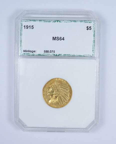 MS64 1915 $5.00 Indian Head Gold Half Eagle - Graded by PCI