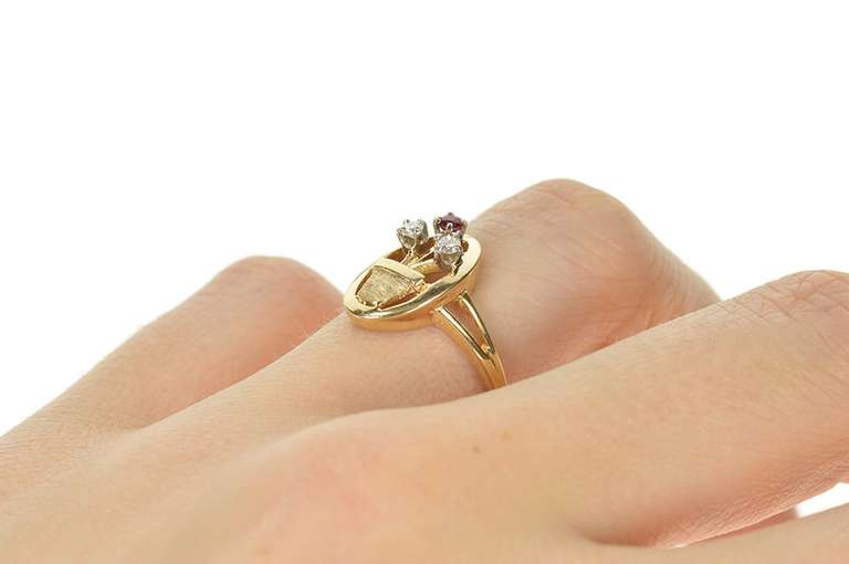 14K Yellow Gold Ruby Diamond Floral Bouquet Flower Pot Ring