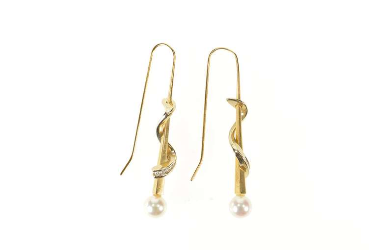 14K Yellow Gold Ornate Pearl Diamond Twist Drop Dangle Hook Earrings
